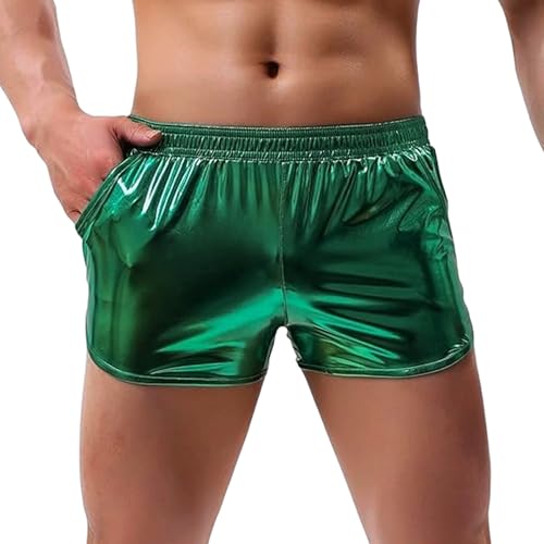 Pantalones cortos holográficos para hombre, brillantes y brillantes, para festivales, discotecas y bailes, verde, 3XL