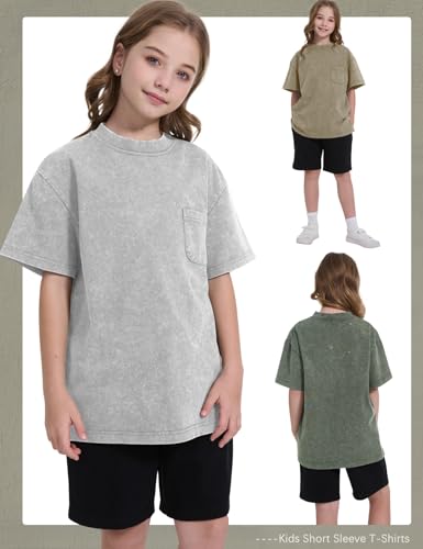 Image of COZYPOIN Unisex Kids Vintage Acid Wash Cotton Tees Crew Neck 3-16Y