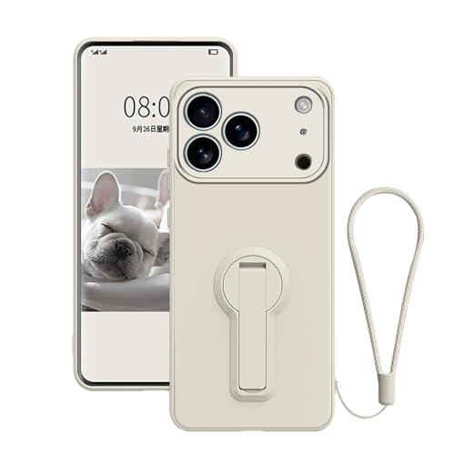 Coque iPhone 17 Pro Max en silicone beige avec support et dragonne de protection