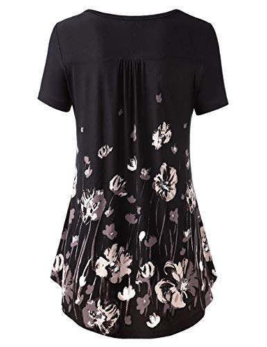 BAISHENGGT Women's V Neck Buttons Pleated Flared Tunic Tops Black Floral M