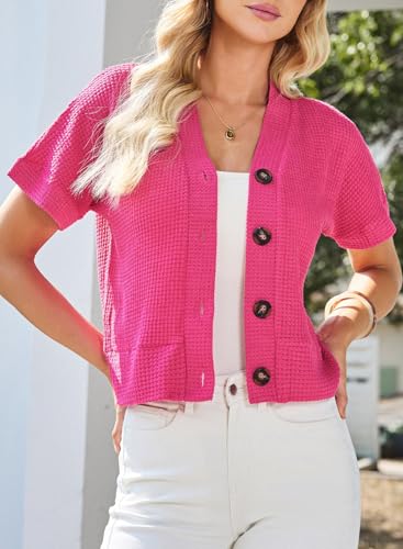 Image of Dokotoo Womens Summer Tops 2026 Waffle Knit Button Down Shirts | Trendy,V Neck,Loose Fit,Jacket,Short Sleeve,Summer Cardigan,Cropped,Shacket,Going Out Outfits,Dressy
