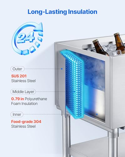 Image of VEVOR Commercial Ice Bin,19 Inch Stainless Steel Ice Chest with Sliding Lid and Bottle Holders, Cooler Cart Cocktail Unit for Bar Restaurant Pub, NSF Certified
