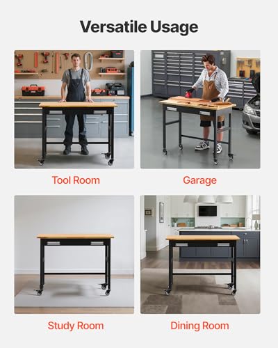 Image of VEVOR Workbench, 48-inch Garage Workbench with Drawer Storage & Wheels, 1500 lbs Load Capacity Workshop Bench on Wheels, Heavy Duty Oak Wood Top Work Table for Garage, Workshop, Office, and Home