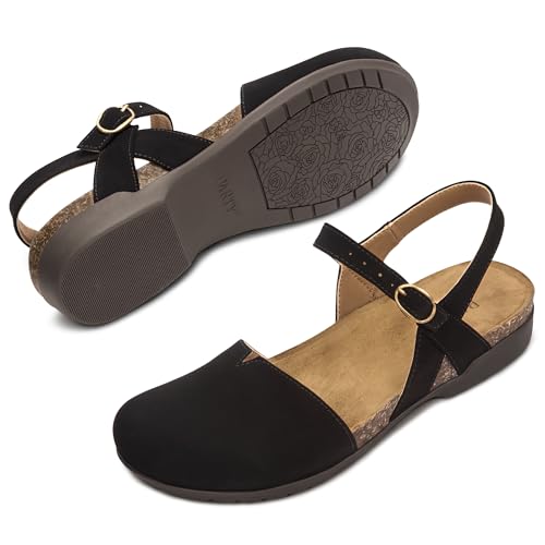 Image of PARTY Closed Toe Sandals Women, Barefoot Arch Support Flat Sandals for Office Work and Travel with Comfortable Cork Footbed