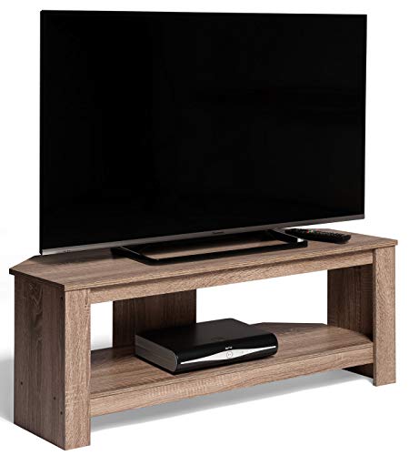 AVF Wood Corner TV Stand - Calibre Rustic Sawn Oak Effect TV Floorstand Unit - 115cm Wide - Open Shelving - Cable Management - Easy Assembly CA115SO
