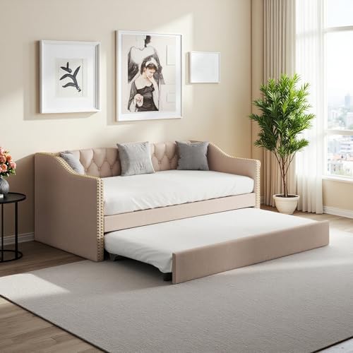 SUNFECILI Elegante cama tapizada, cama juvenil de 90 x 200 cm, cama funcional extensible de tela de lino resistente, ideal para habitaciones infantiles y adolescentes, cama de invitados para