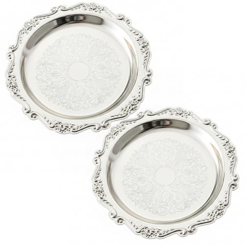 Plateau en Argent 2 pièces, Plateau de Service décoratif Vintage en métal argenté de 7.9 Pouces pour collations, Desserts aux Fruits