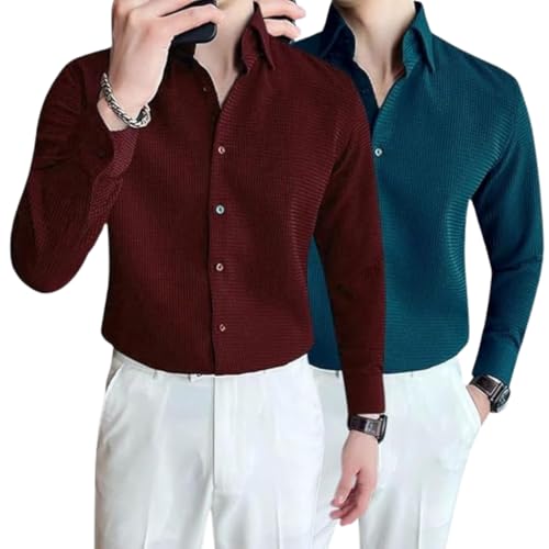 Image of GRECIILOOKS Men's Formal Button Down Shirt - Slim Fit Shirt's for Men | Textured Long Sleeve Polycotton| Business & Meeting Ready (Available in Plus Size)