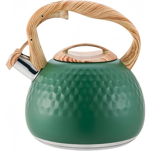 ITMEAT 3 Lサイレンケトル、ステンレス鋼、木目調のハンドル、タッチボタン、広口、大容量、IHクッキングヒーターとガス対応、スタイリッシュで家庭用 (ネギグリーン)