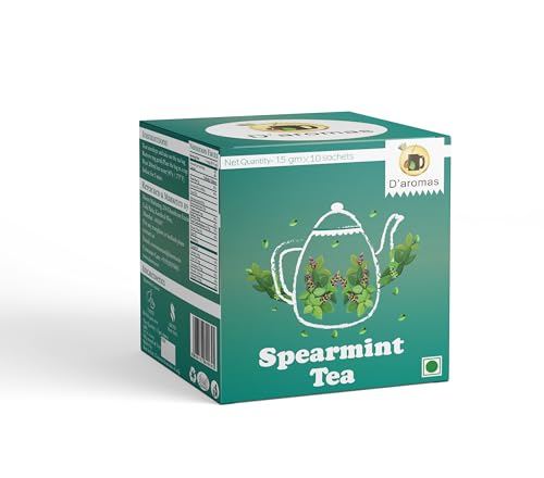 Image of D'aromas Spearmint Tea Bags | Pure spearmint Infusion | Cool & Refreshing Mint Flavor | Soothing Aroma | 10 Tea Bags (1.5g Each) | D'aromas Herbal Tea