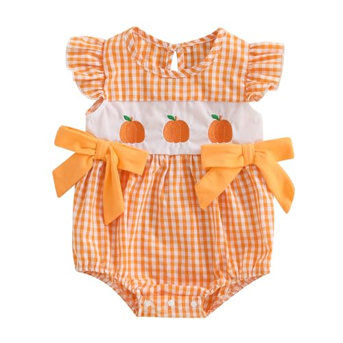 My First Halloween Baby Girl Outfit Newborn Pumpkin Patch Romper Short Sleeve Doll Collar Smocked Plaid Bubble Romper