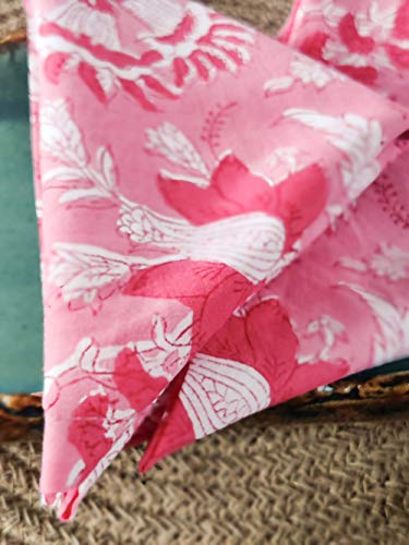 Craftbot Thin Washable Cotton Napkin 18X18 Inches - Lightweight Cloth Printed Napkins Set Of 12 - Everyday Use Or Dinner Party And Events - Pink Floral Indian Block Print Soft Fabric #TOP2