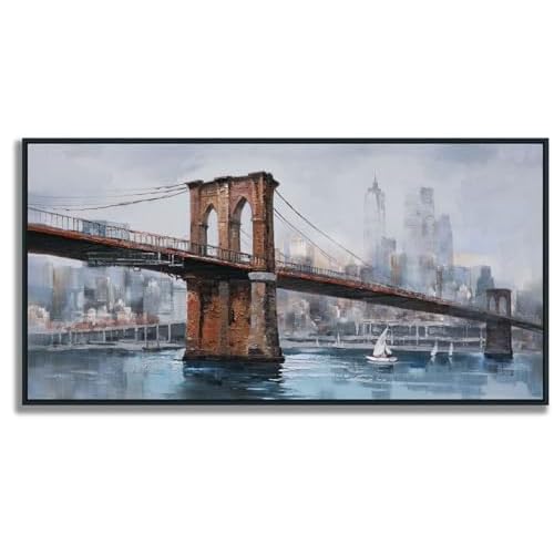 Ardemy Framed Brooklyn Bridge Canvas Wall Art Large New York City Pictures Wall Decor Cityscape Skyline Bedroom Wall Art for Men Living Room Dinning Room Home Office, 40"x20" 40"L x 20"W Gre