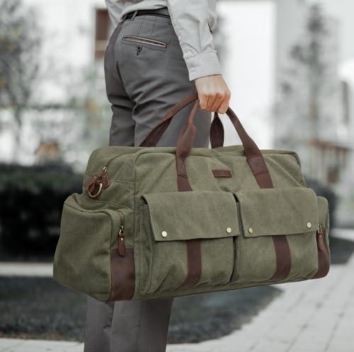S-ZONE Duffle Bag for Travel Canvas Duffel Bags Carry on Leather Trim Overnight Weekender Men Women Grey3