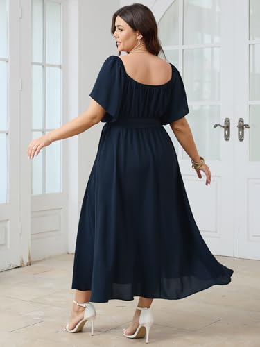Image of SCOMCHIC Womens Plus Size Formal Dresses Off The Shoulder Wedding Guest Cocktail A-Line Split Maxi Dress with Pockets