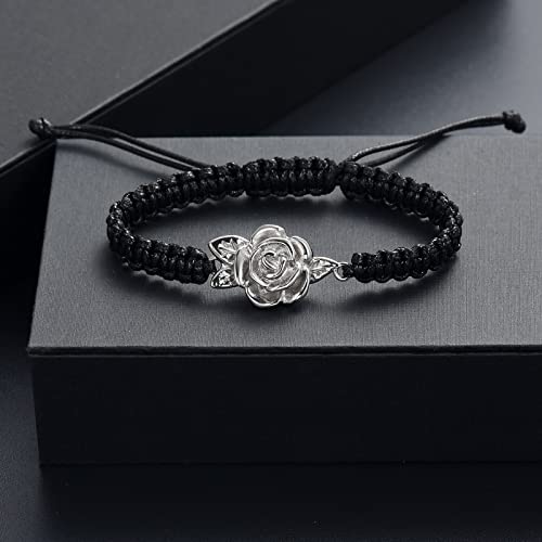 Image of Imrsanl Rose Flower Urn Bracelet for Ashes Cremation Memorial Jewelry of Loved Ones Adjustable Braided Rope Ashes Bracelet Funeral Keepsake for Women