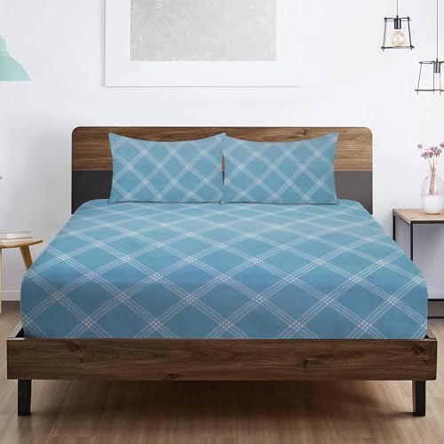 Image of RD TREND Waterproof Fitted Bedsheet for Queen Size Bed (78x60x8 Inches) | Ultra-Soft Glace Cotton Elastic Sheet with 2 Pillow Covers (18x28 Inches) (Blue Check)