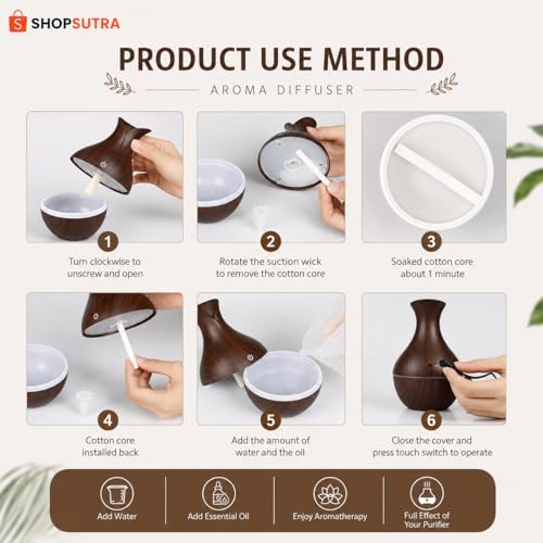 Image of Aroma Diffuser with LED Light - USB Powered Tabletop Mist Humidifier for Desk and Bedside Use (Pot Wood Aroma Diffuser)