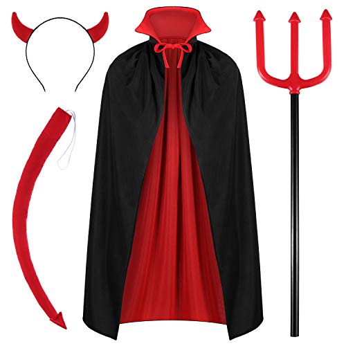 WILLBOND 4 Pack Halloween Devil Costume Set Reversible Cloak Devil Horn Headband Tail Devil Red Pitchfork