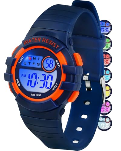 Image of Juboos Kid's Digital Watch for Boys and Girls, Waterproof LCD Digital Sports Kids Watch with 7 Color LED Lights, Stopwatch, Alarm
