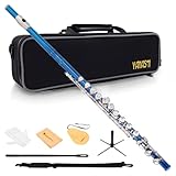 YANASON Blue C Flute Closed Hole 16 Keys Flute Nickel-Plated for Beginner, Student and Professionals with Carrying case, Metal stand, Gloves, Tuning Rod, Cleaning kit(Blue)