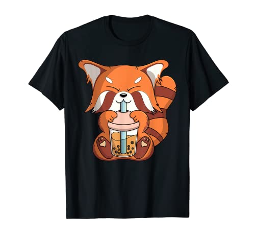 Funny pandas rojo bebiendo boba té burbuja té kawaii panda Camiseta