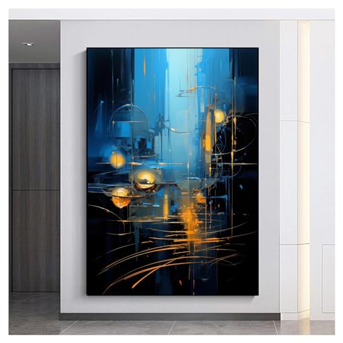 Peinture murale salon moderne déco abstraite bleue et or 85x120