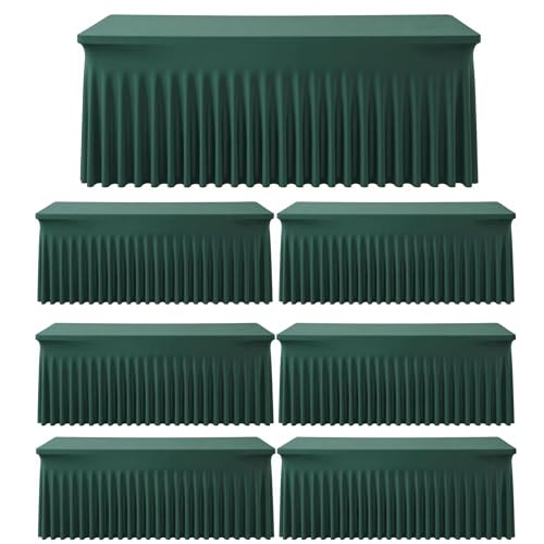 Image of Outpain Hunter Green Spandex Table Clothes for 6 Foot Rectangle Tables-6Pack 6FT Spandex Fitted Table Cover, Wrinkle Free Tablecloths with Skirt for Parties, Wedding, Birthday, Banquet, Festival