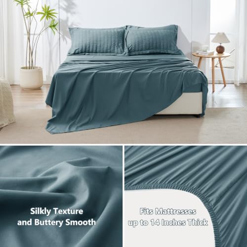 Image of HIMEET Queen Comforter Set, 7-Piece Seersucker Bed in a Bag, Mineral Blue | 90 GSM Brushed Fabric, 240 GSM Fill, 90 x 90-Inch Comforter, 14-Inch Deep Pocket, OEKO-TEX Certified, All-Season Comfort