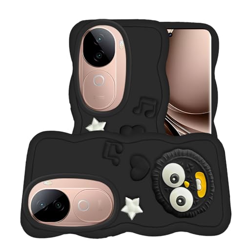 Image of AESTMO Back Case Cover for Vivo V40E 5G / iQOO Z9S 5G | 3D Cute Fun Cartoon Characters | Anti Slip Grip Cute Wave Curly Frame Shape | Full Body Protection Back Cover (Black)