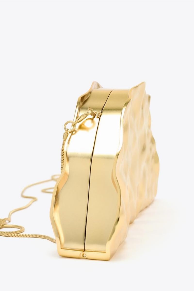 Women Metallic Hard Clutch Half-moon Evening Bag Shiny Crossbody Bag Purse with Removable Chain Strap