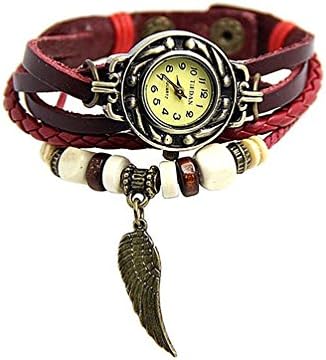 Samgo Retro National Wind Woven Leather Ladies Bracelet Watch Women Watch List Wings (Red wine)