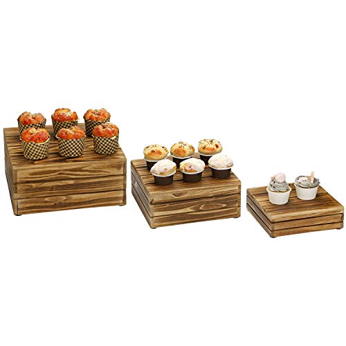 Mygift 3 Piece Rustic Dark Brown Solid Wood Dessert Cake And Cupcake Stand, Decorative Box Display Risers #TOP3