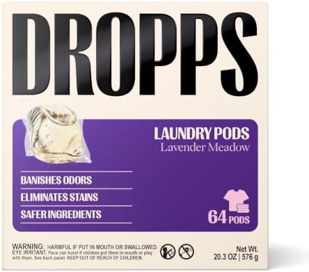 Dropps Odor & Stain Biobased Power Laundry Detergent Pods, Lavender Meadow (64 Count) - HE Compatible Laundry Pods for Fresh Clothes - Washing Detergent Soap Supplies & Recyclable Paperboard Packaging