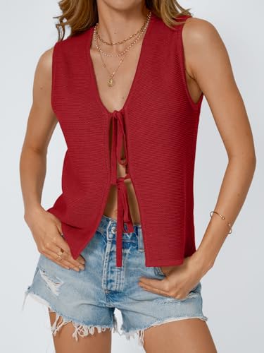 Image of LILLUSORY Womens Tie Front Tops Vacation Sweater Vest | Bohemian Style, Beach Resort Wear, Concert Western Outfits, Crochet Tops, Vacation Outfits, Cute Y2k Sleeveless 2026