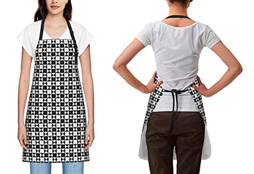 Dzglobal Geometric Flowers Printed Apron - Cool Black Bib White Aprons With 2 Pockets Adjustable Waterproof For Art Painting Garden Cooking Baking #TOP3