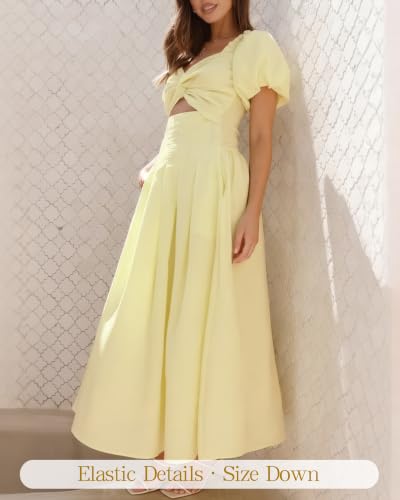 Image of Women's Summer Off The Shoulder Dresses Puff Sleeve Twist Front Cut Out A-Line Dress Casual Maxi Dress with Pockets