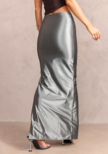 Women’s Satin Skirt Metallic Bodycon High Waisted Split Elegant Club Maxi Skirt3
