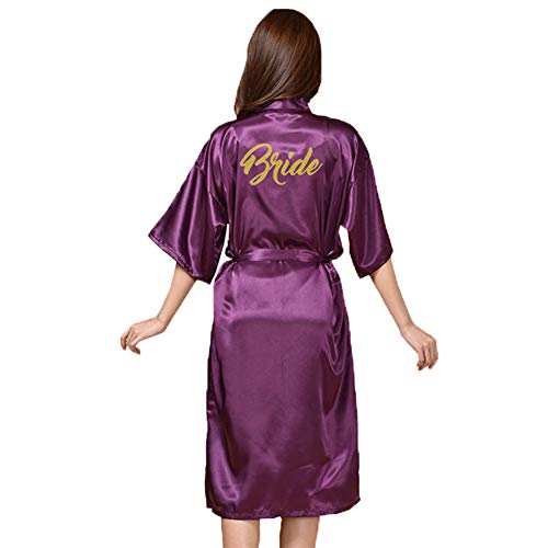 Long Peignoir Femme, Robes de Chambre Kimonos Chic Chemise de Nuit de Mariage pour la Mariée Nuptiale Satin Bride Vêtement de Nuit Sortie de Bain Pourpre L Cover