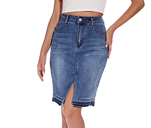 Chowsir Women High Waist Front Split Washed Midi Pencil Denim Jean Skirt…