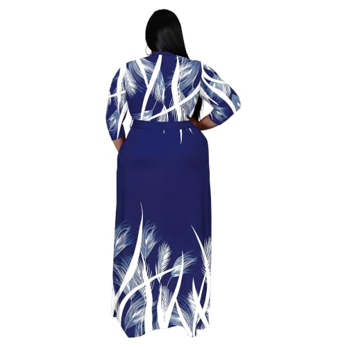 Image of Nmoder Plus Size Maxi Dress for Women - Summer Casual 3 /4 Sleeve Floral Flowy Long Dress with Belt XL- 6XL