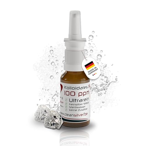 CleanSilver - Kolloidales Silber 100 ppm, 20 ml Silberspray. - Ultrarein: Sterilwasser und Feinsilber 99,99% - Made in Germany – Silberwasser stets frisch hergestellt