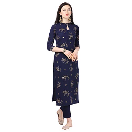 Image of NAINVISH Blue Color Crepe Stitched Kurti with Pant Set for Women