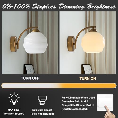 Image of Gold Wall Sconces Set of 2 Modern Industrial Bathroom Vanity Sconces Wall Lighting Indoor Brushed Brass Wall Sconces Golden Globe Glass Wall Lamp for Bedroom, Living Room MCL13W-2 (2Pack)