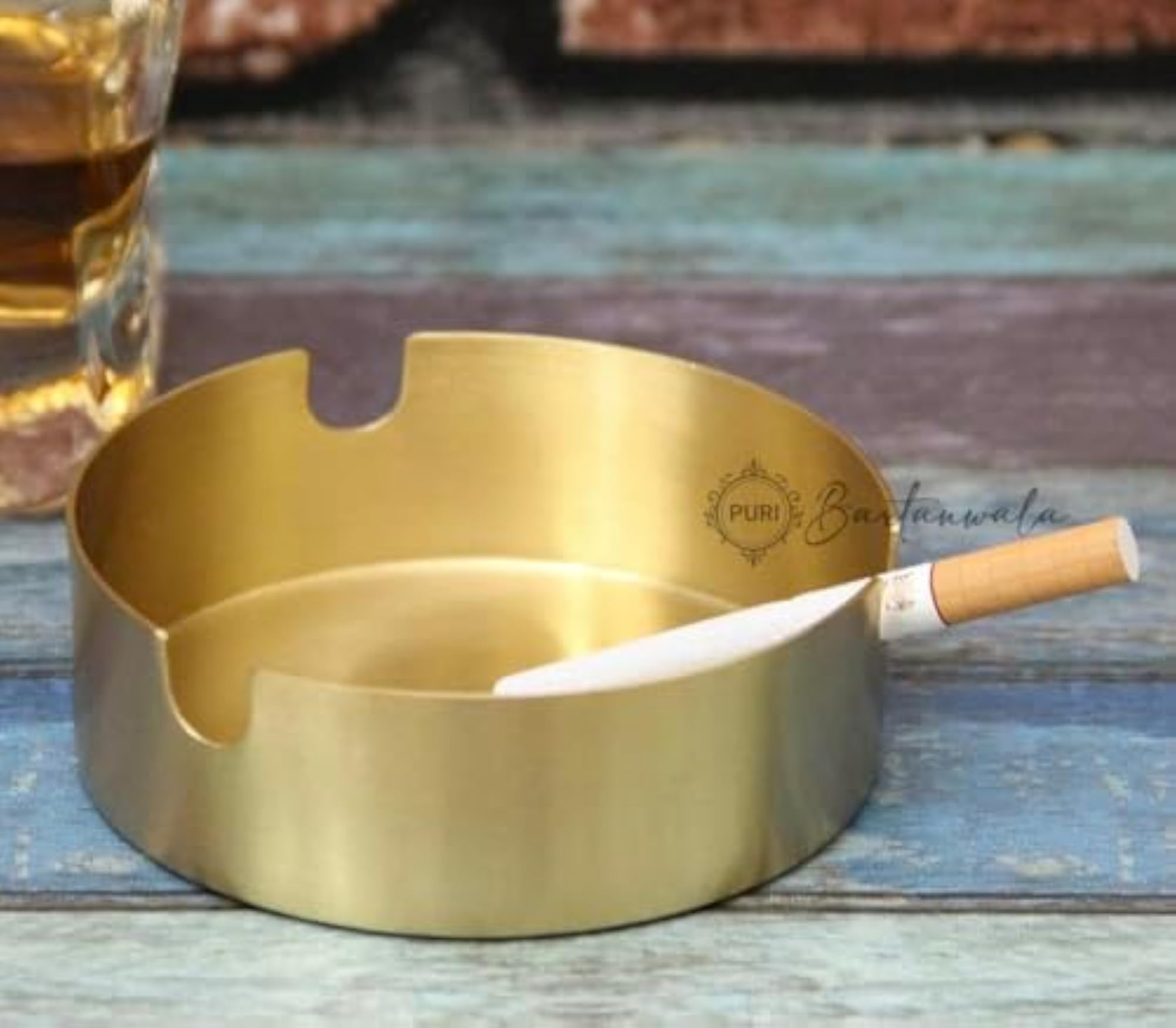 Brass Round Open Ashtray, Brushed Matt Finish