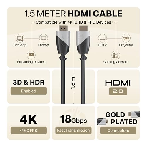 Image of GEONIX 1.5 Meter Hi-Speed 4K@60Hz HDMI to HDMI Cable, Compatible with Smart HDTV, Laptop, Monitor, Projector, Gaming Console, supports upto 32 Audio Channels (Black)