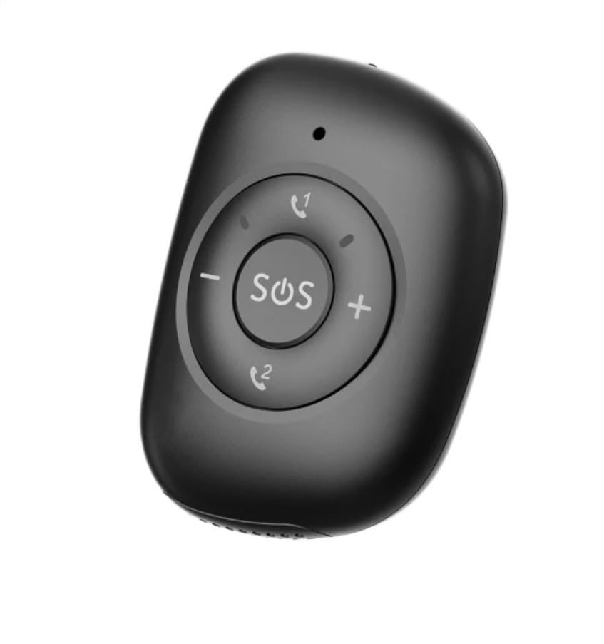 Medical alert device with SOS button and call options, designed for senior safety and smart living technology.