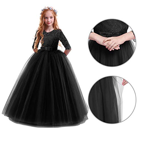 Ibtom Castle Girls Embroidery Tulle Lace Bridesmaid Dress Long A Line Wedding Pageant Dresses Birthday Party Formal Dance Evening Gown Black 7-8 Years thumb #6