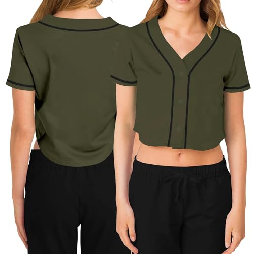 Women's Blank Cropped Baseball Jersey,Crop Top Short Sleeve V-Neck Hip Hop Hipster Tshirts Button Down Active Tee Army Green M
