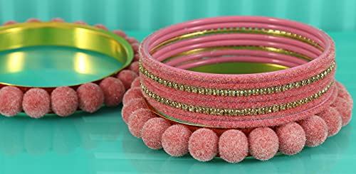Image of NMII Stylish Metal with Golden Zircon Stone & Velvet Balls Bangles Set For Women and Girls | Fancy Designer Bangles | Short Velvet Chuda Set | Women's Fashion Jewellery